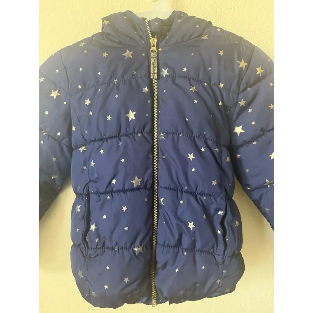 Old Navy Blue Gold Star Frost Free Hooded Girls’ Puffer Jacket Size S 6-7